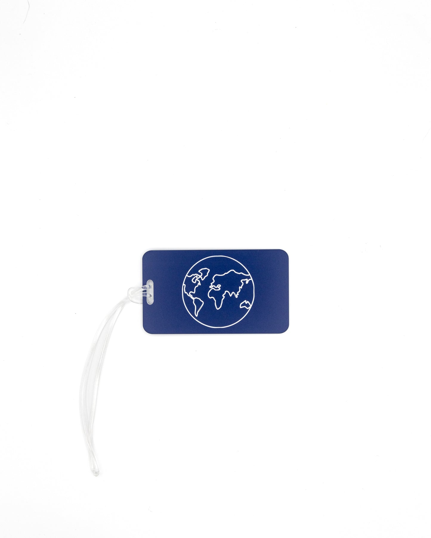 Globe Design acrylic luggage tag in dark blue with worm loop.