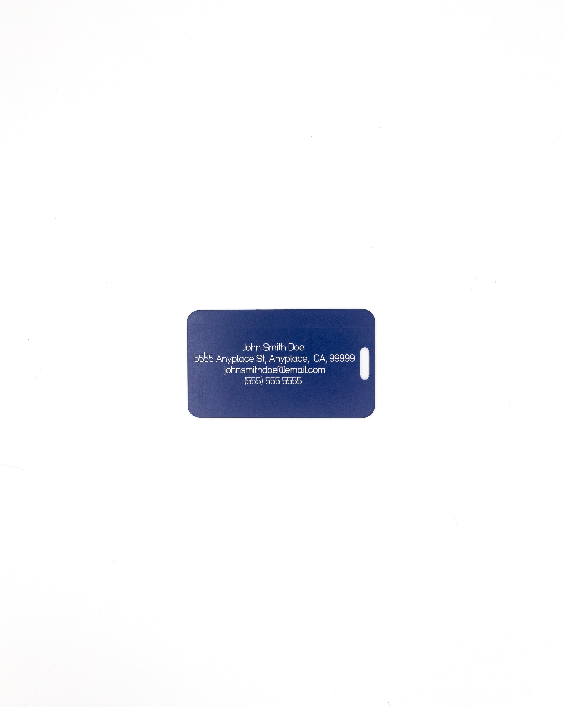 Rear of globe design acrylic luggage tag with travel information in dark blue