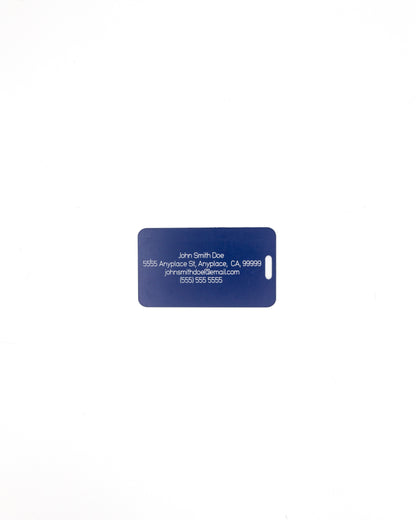 Rear of globe design acrylic luggage tag with travel information in dark blue