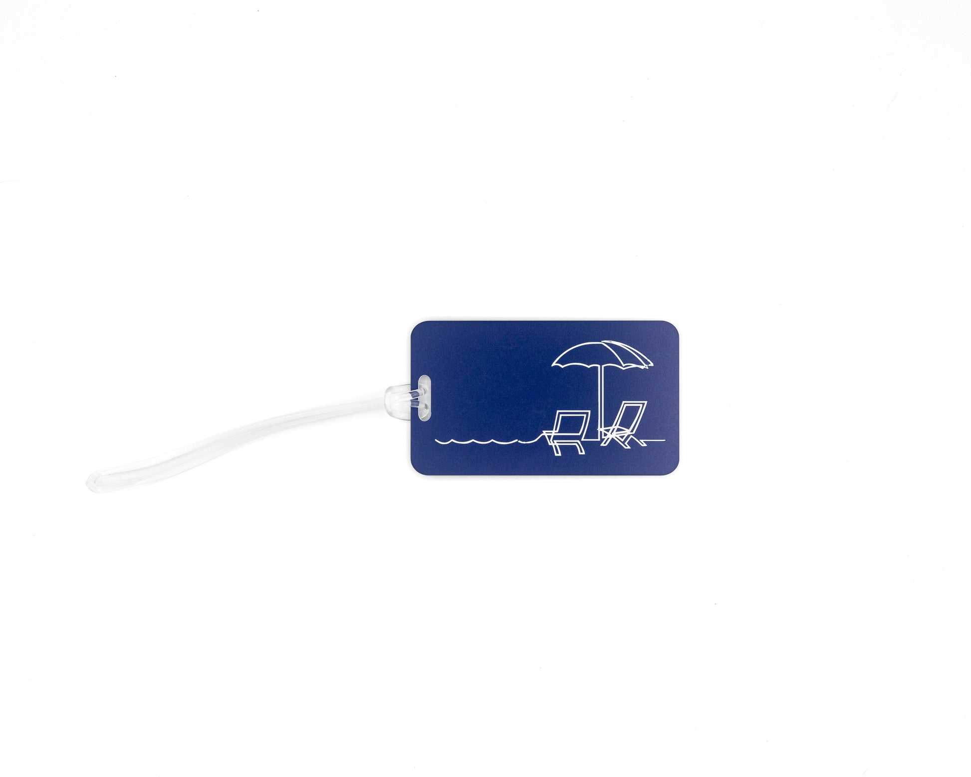 Beach Chair Design acrylic luggage tag in dark blue with worm loop.