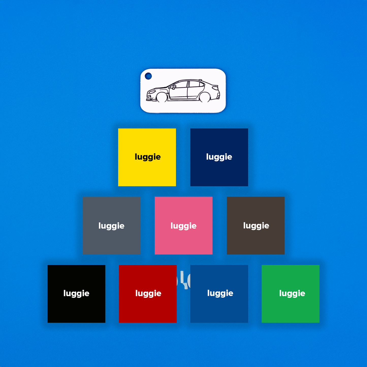 Subaru VA WRX Keychain with color options on blue background