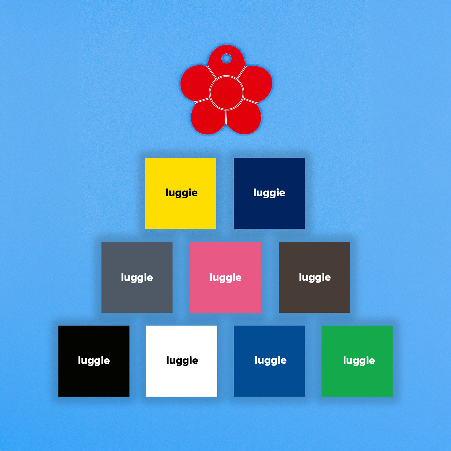 Red flower-shaped tag with various color options with 'luggie' labels on a blue background