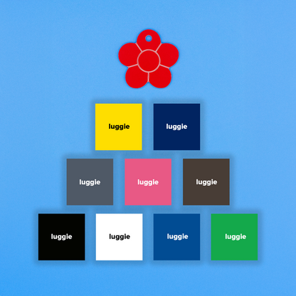 Red flower-shaped tag with various color options with 'luggie' labels on a blue background