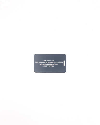 rear of globe design Acrylic luggage tag with travel information in grey.