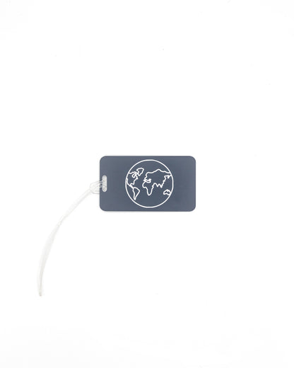 Globe Design acrylic luggage tag in grey with worm loop.
