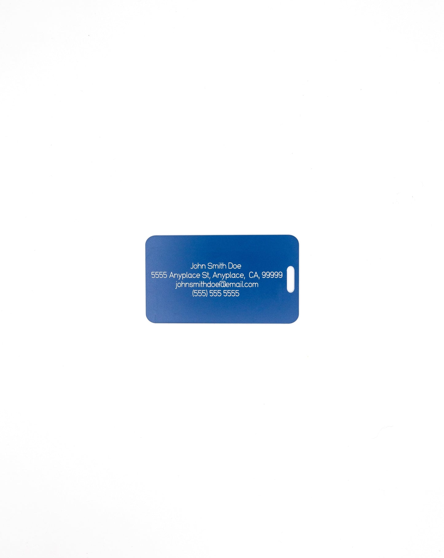 rear of globe design acrylic  luggage tag with travel information in light blue