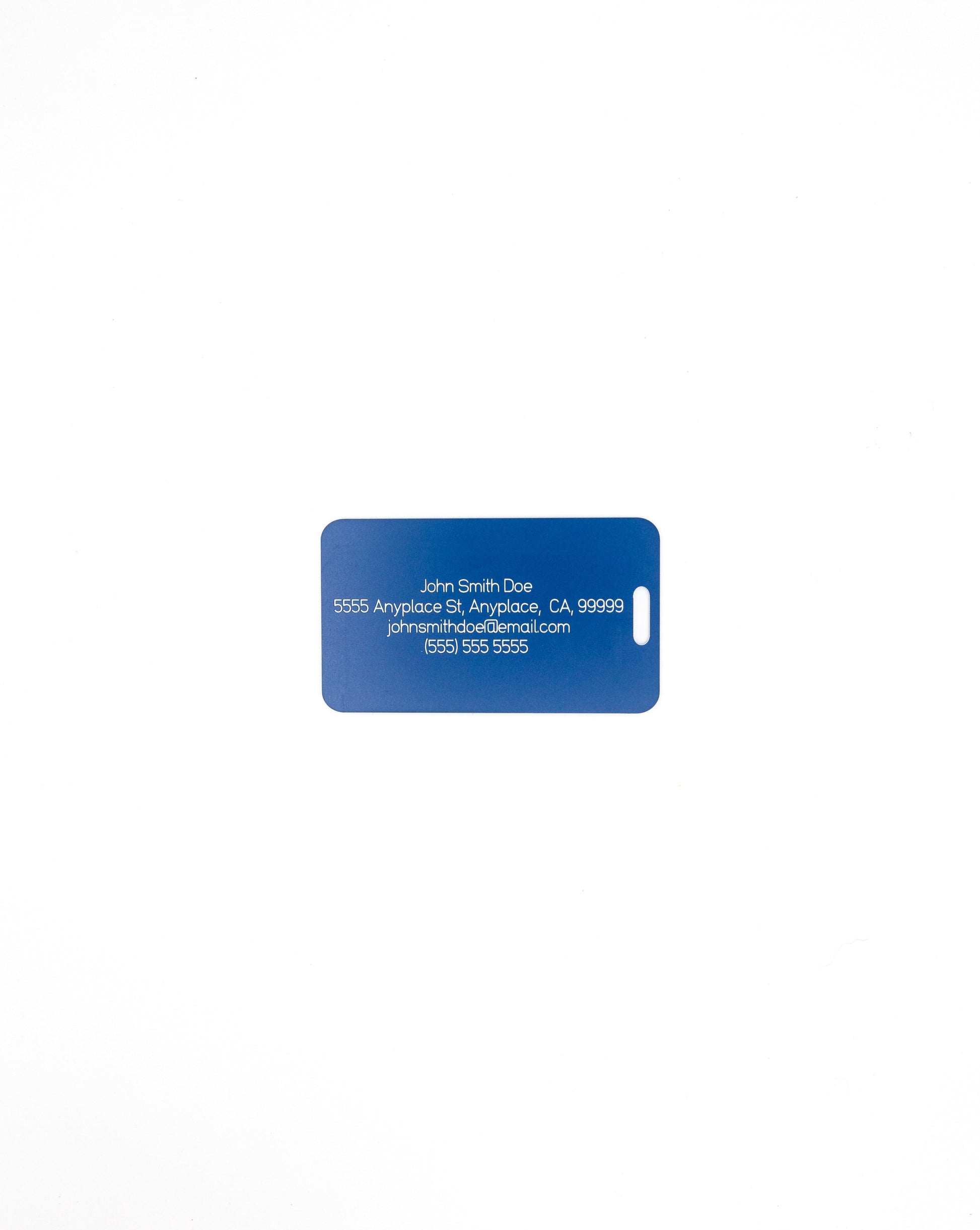 rear of globe design acrylic  luggage tag with travel information in light blue
