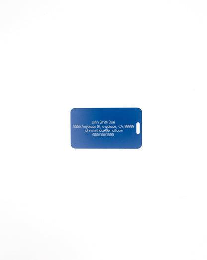 Rear of luggage design acrylic luggage tag with travel information in light blue.