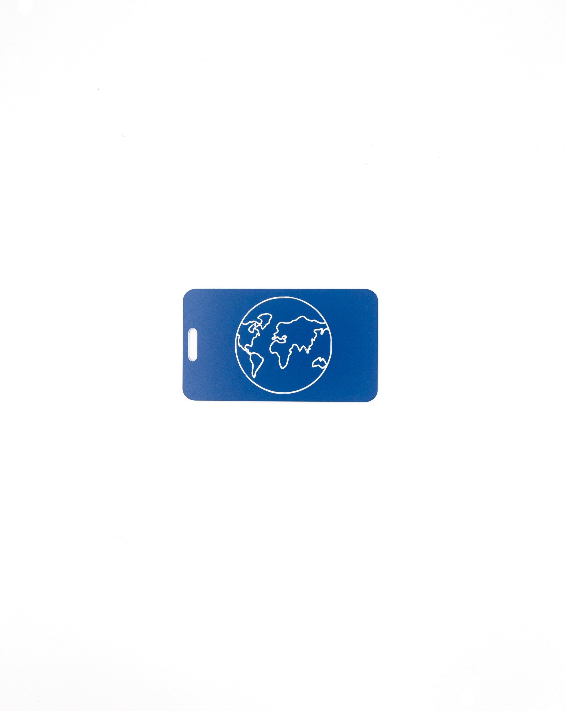 Globe Design acrylic luggage tag in light blue.