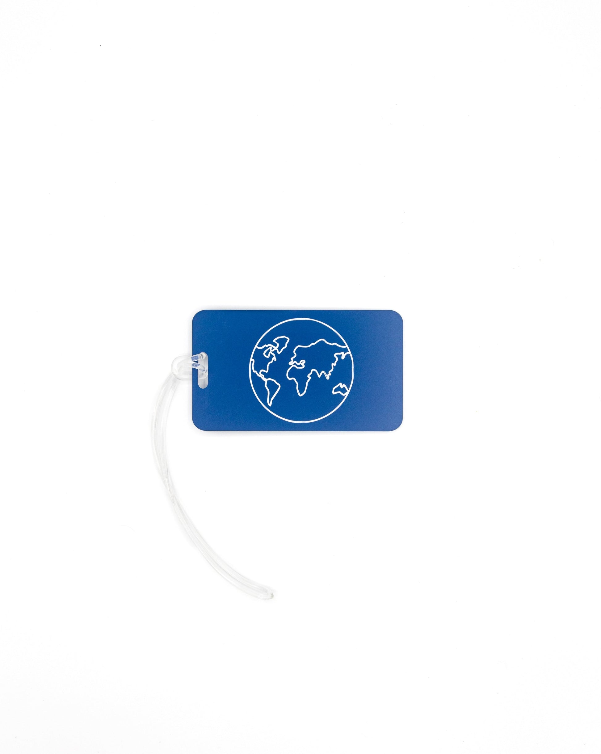 Globe Design acrylic luggage tag in light blue with worm loop.