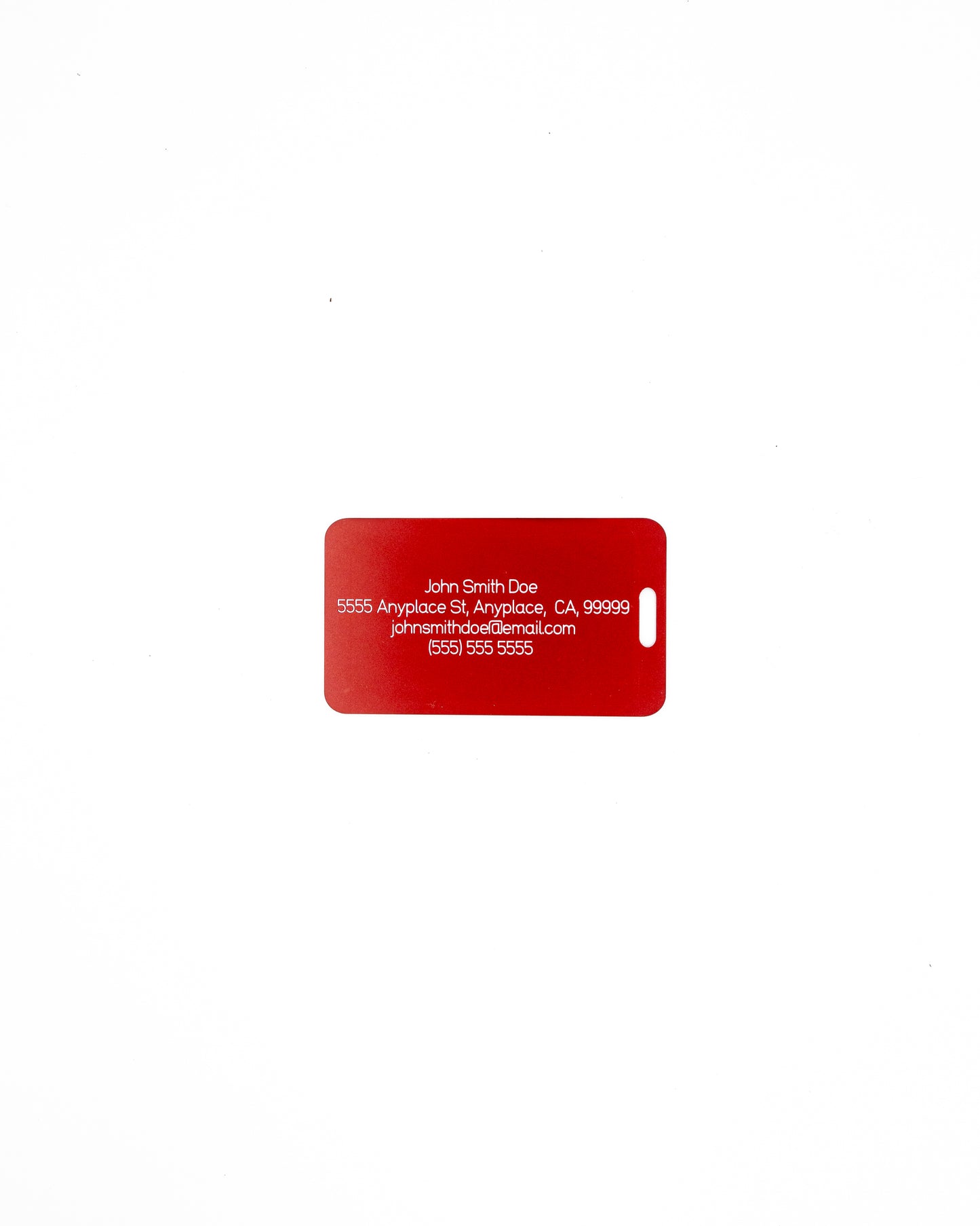 rear of globe design acrylic luggage tag with travel information in red