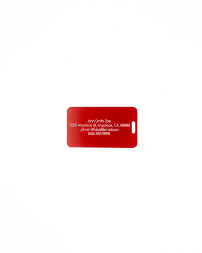 rear of globe design acrylic luggage tag with travel information in red
