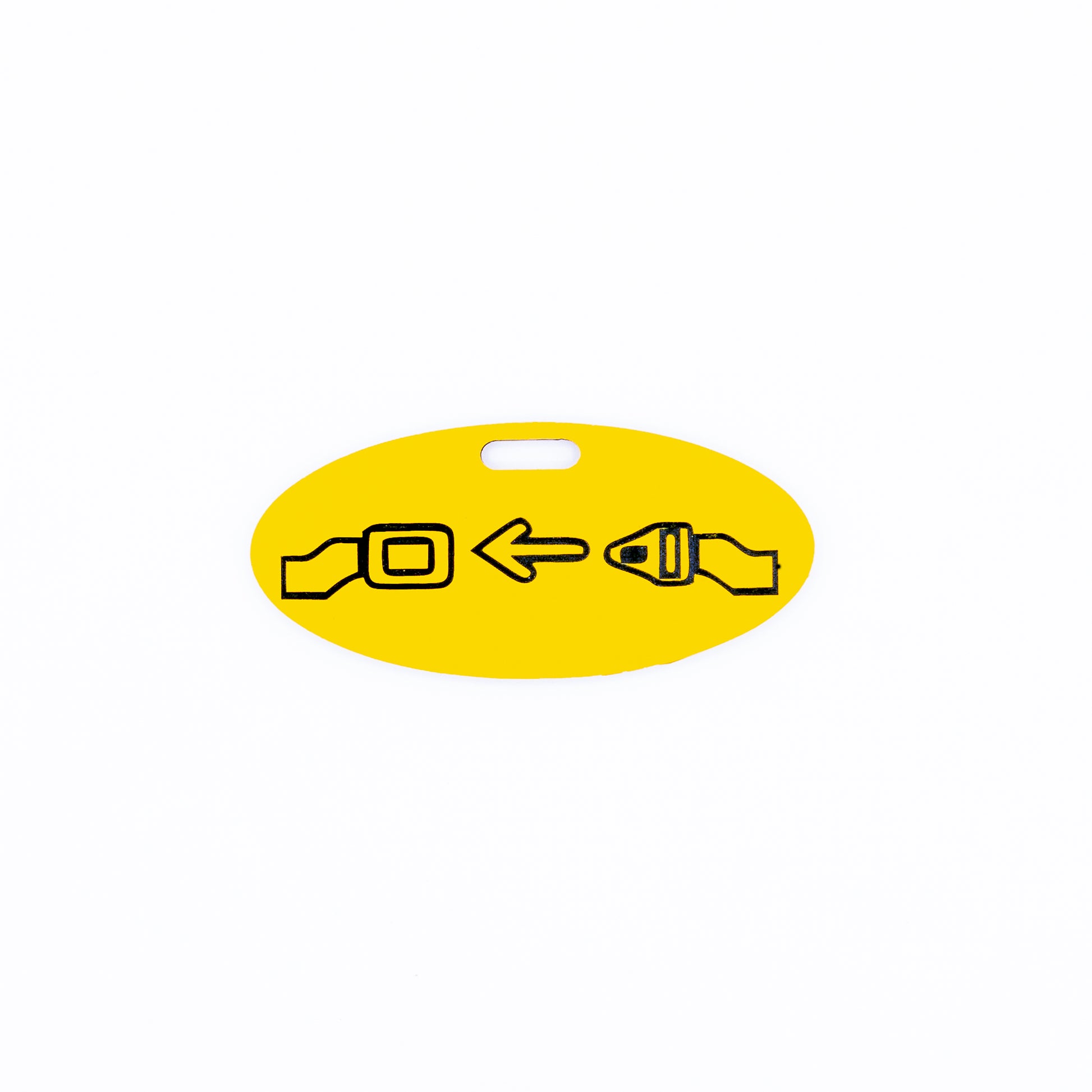 Yellow seatbelt sign luggage tag on a white background