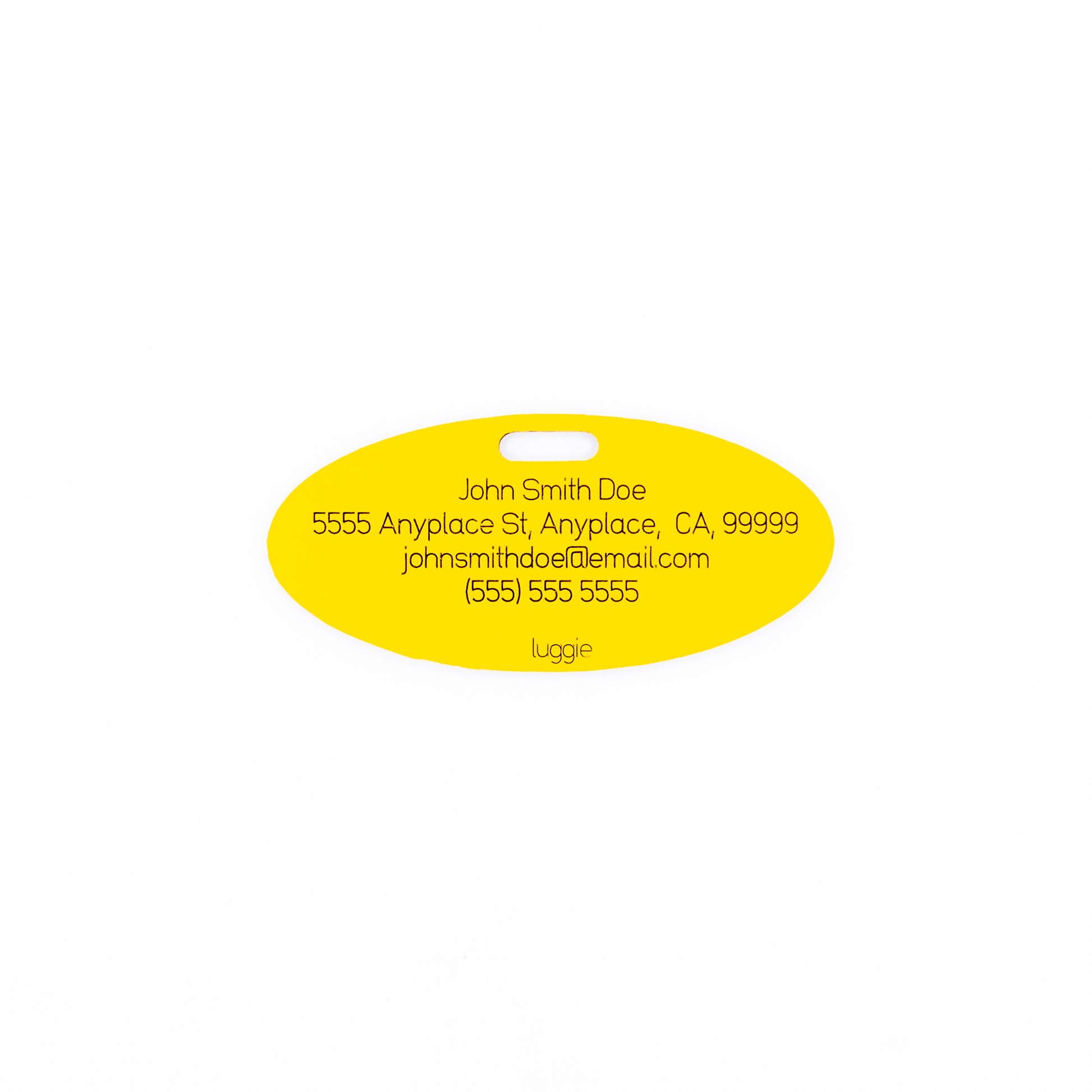 Rear of yellow seatbelt luggage tag with contact information example on a white background
