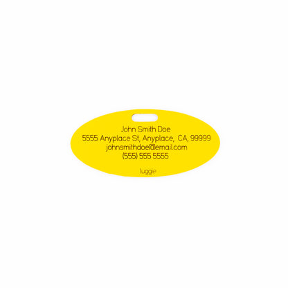 Rear of yellow seatbelt luggage tag with contact information example on a white background