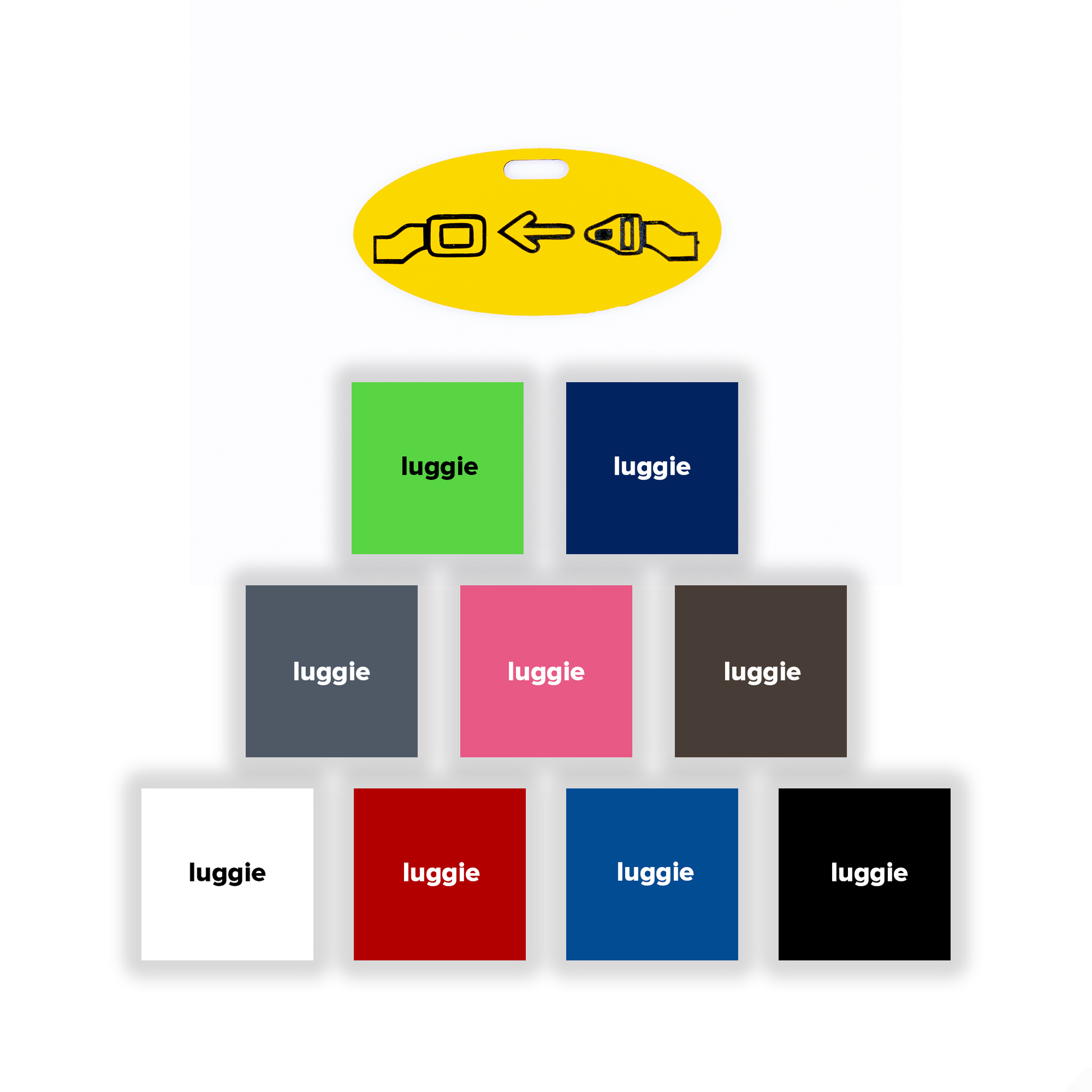 Yellow seatbelt luggage tag with color options shown. 