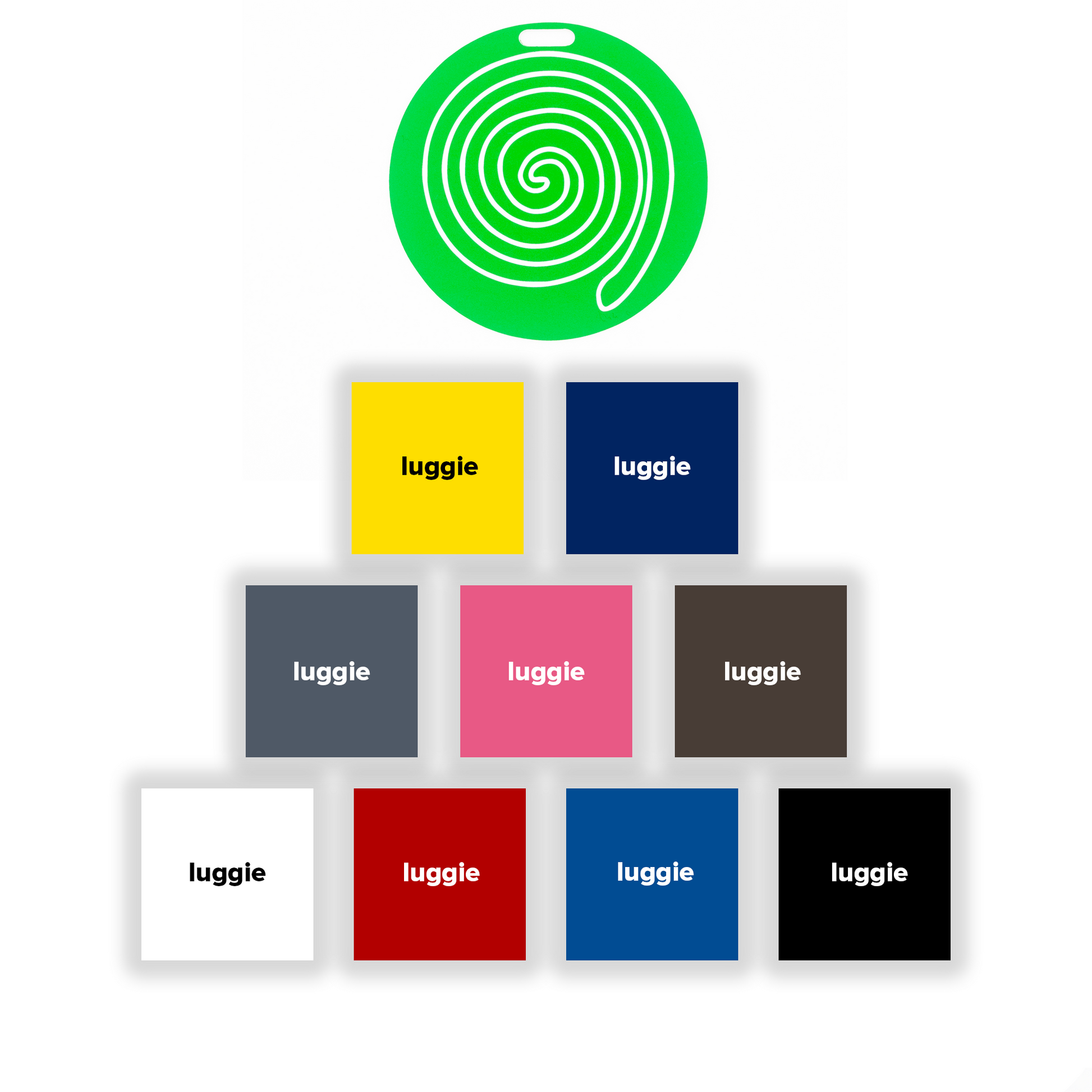 Spiral Luggage tag with color options shown on white background.