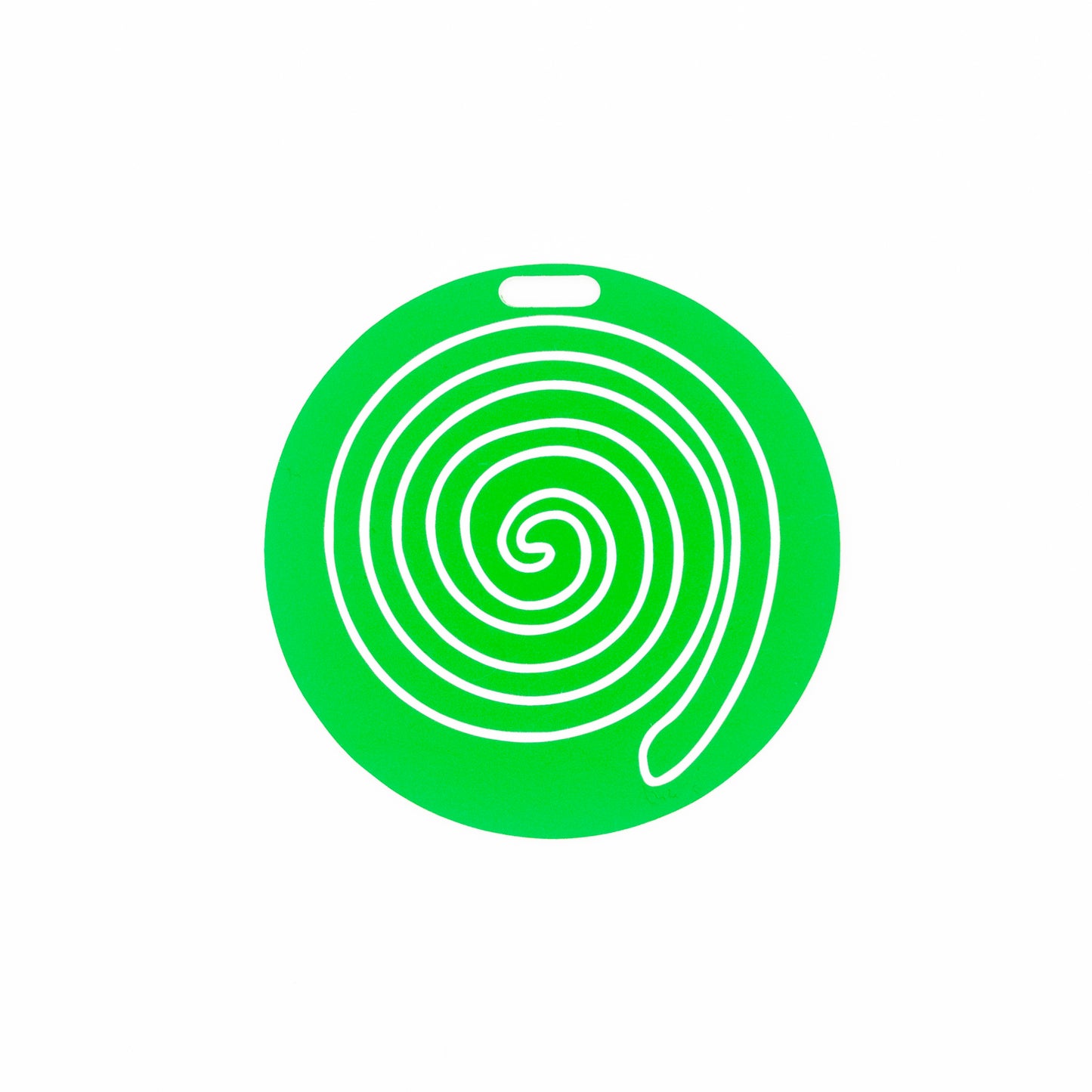 Spring Green circular luggage tag with a white spiral design on a white background