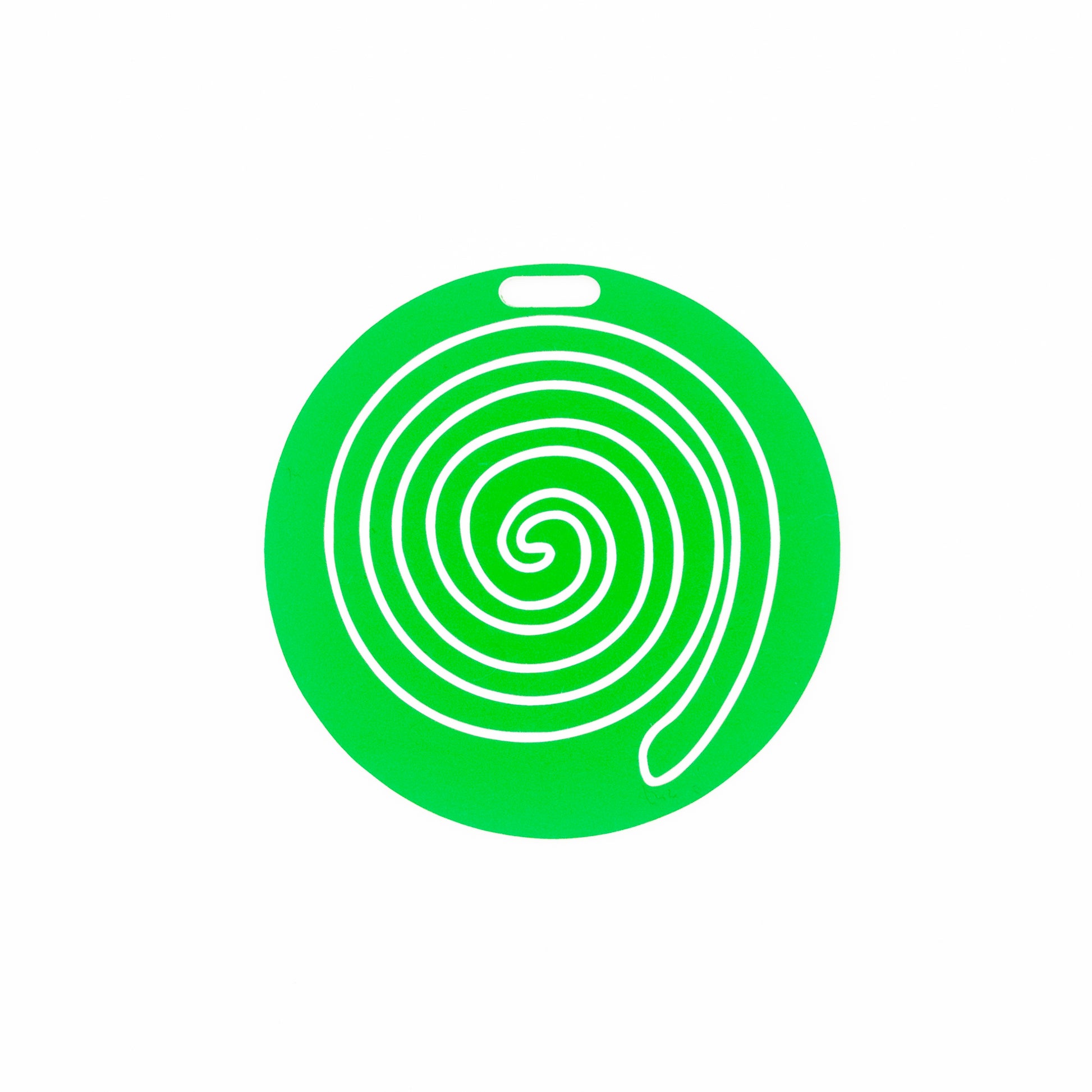 Spring Green circular luggage tag with a white spiral design on a white background