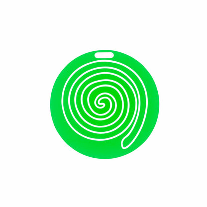 Spring Green circular luggage tag with a white spiral design on a white background