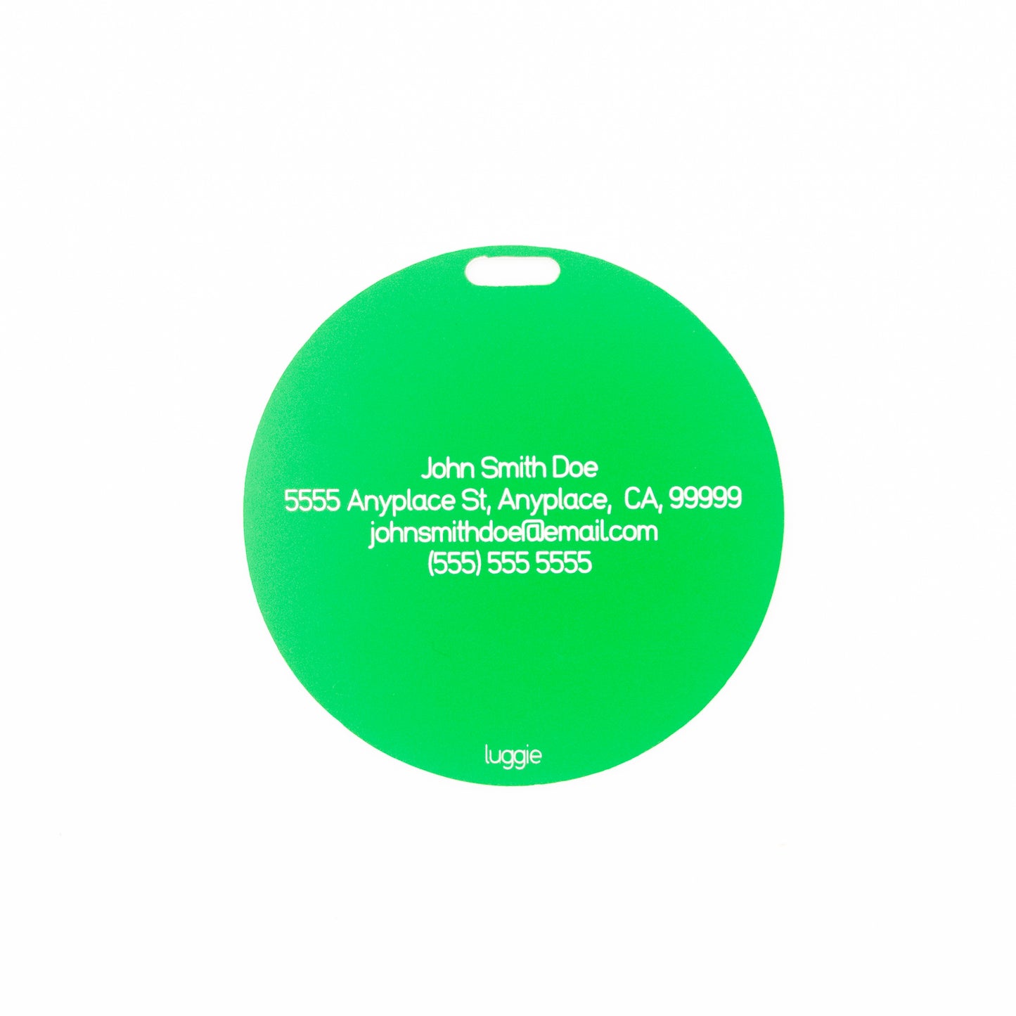 Green spiral luggage tag with text of rear on a white background