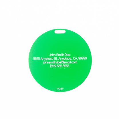 Green spiral luggage tag with text of rear on a white background