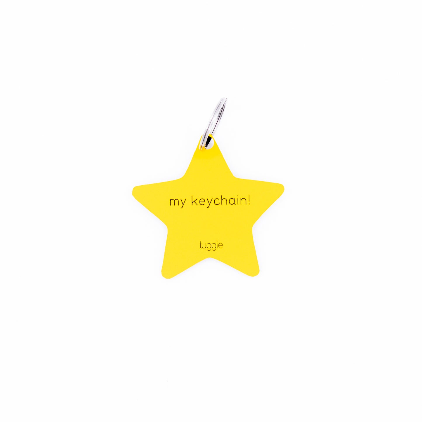 Yellow star-shaped keychain with 'my keychain! luggie' text on a white background
