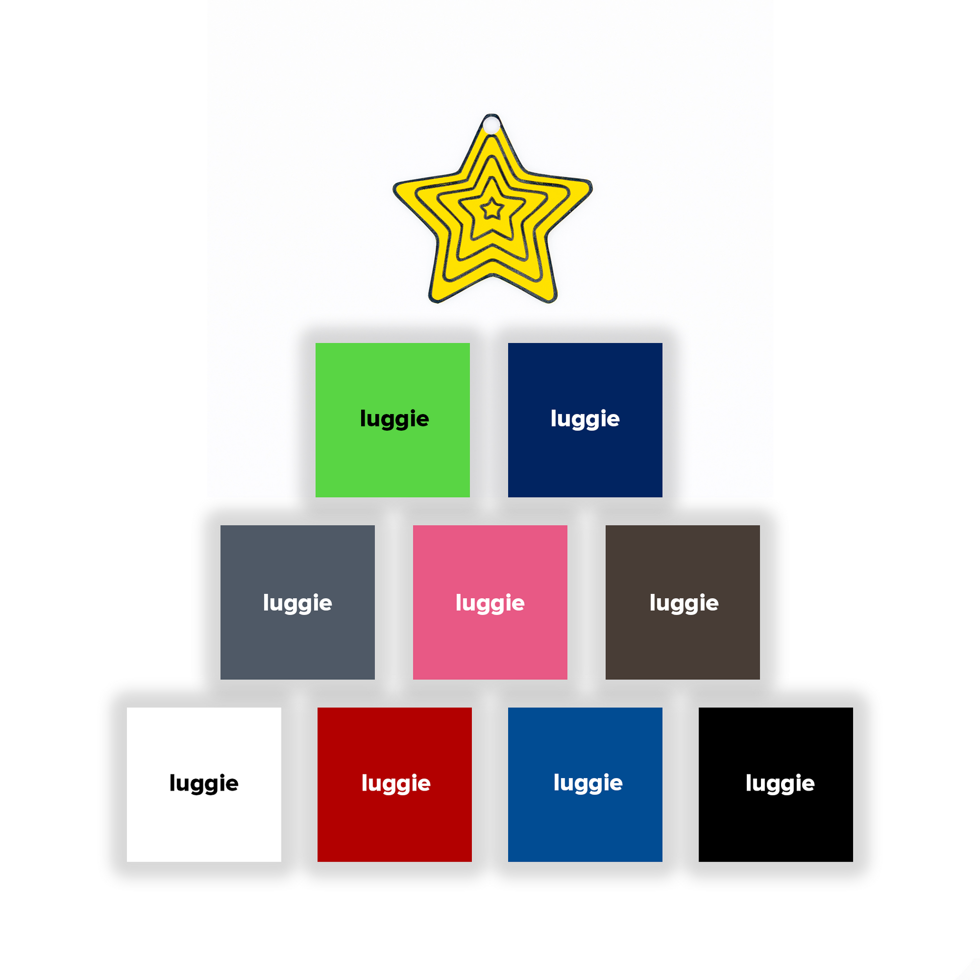 Colorful square blocks with 'luggie' text arranged in a pyramid shape, topped with a yellow star on a white background.