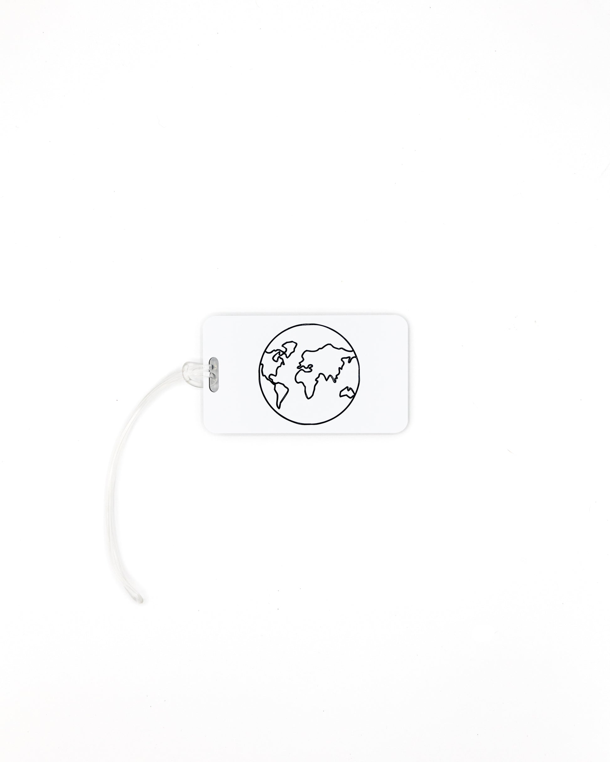 Globe Design acrylic luggage tag in white with worm loop.