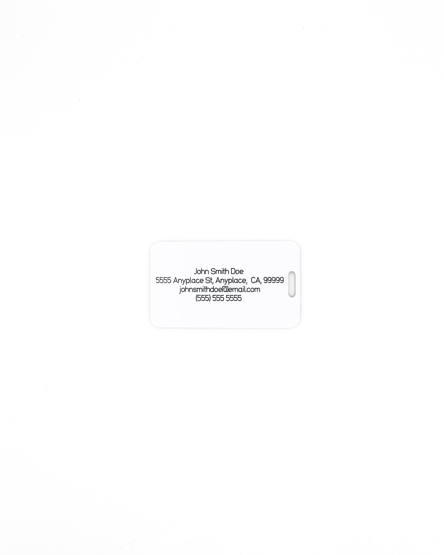 rear of globe design acrylic luggage tag with travel information in white