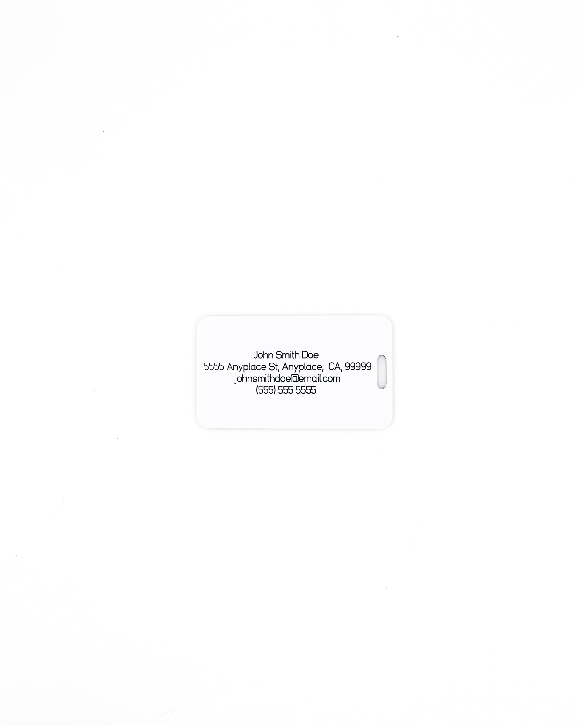 rear of globe design acrylic luggage tag with travel information in white