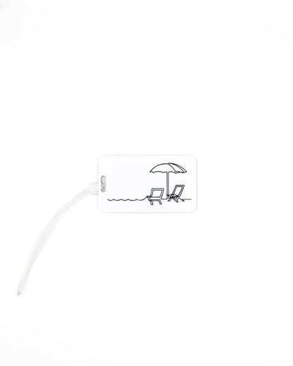 Beach Chair Design acrylic luggage tag in white with worm loop.