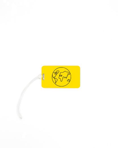 Globe Design acrylic luggage tag in yellow with worm loop.