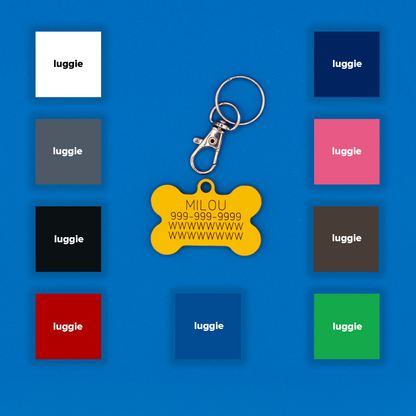 Bone Acrylic Pet ID Tag in Yellow with strap showcasing all other nine color options: white, dark blue, grey, pink, chocolate, light blue, red, black and spring green.