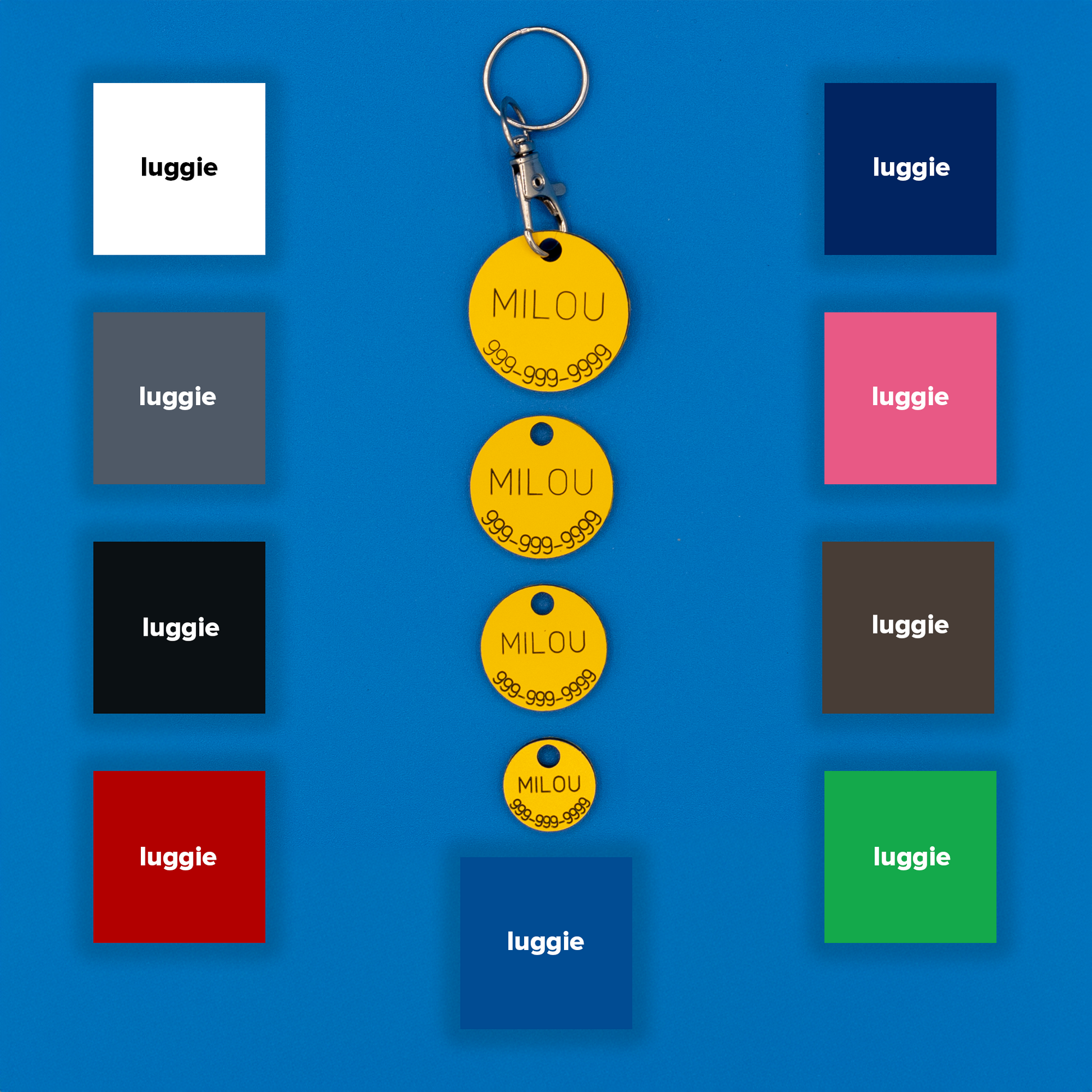 Circular Pet ID Tags in yellow with strap showcasing all other nine color options: white, dark blue, grey, pink, chocolate, light blue, red, black and spring green.
