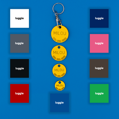 Circular Pet ID Tags in yellow with strap showcasing all other nine color options: white, dark blue, grey, pink, chocolate, light blue, red, black and spring green.