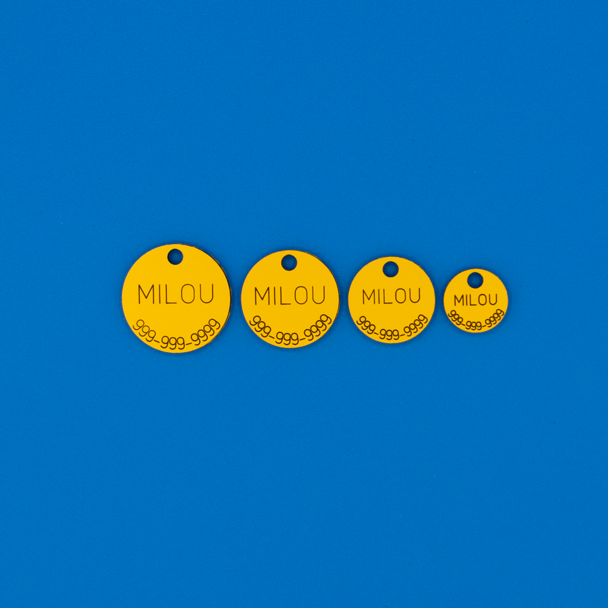 Yellow Circular Pet ID Tags in all sizes.