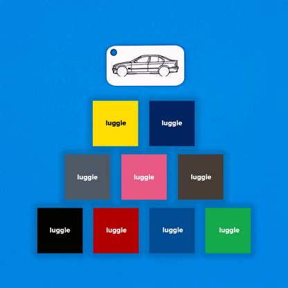 BMW E36 3 Series Sedan keychain color options on a blue background