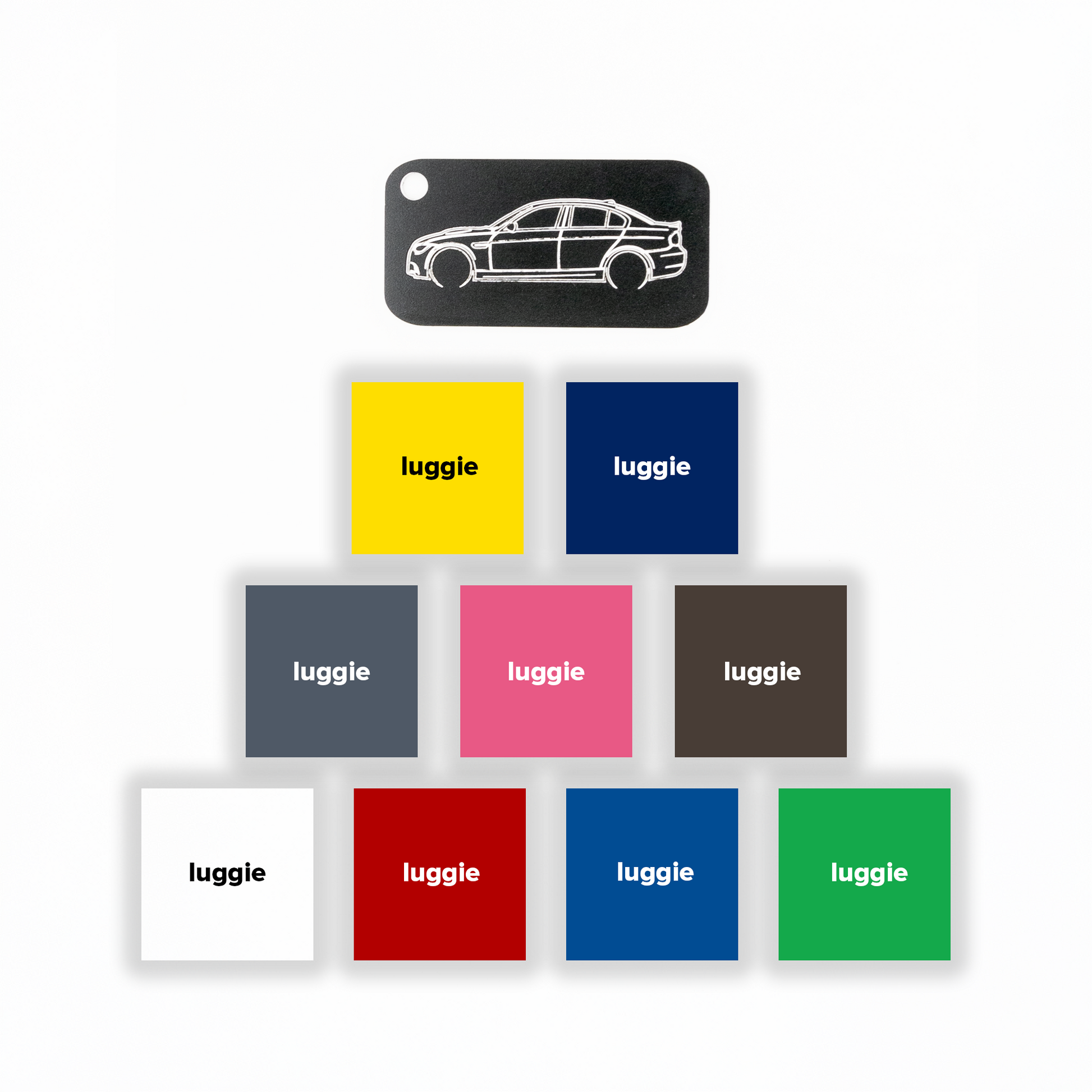 BMW E90 M3 Acrylic Keychain in black with nine color options: yellow, dark blue, grey, pink, chocolate, white, red, light blue and spring green.