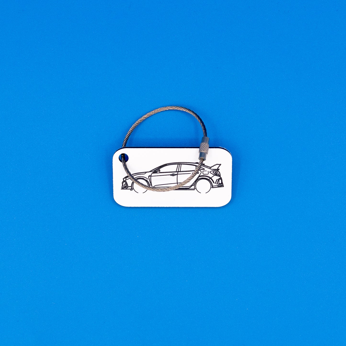 Honda Civic Type R keychain with wire loop on blue background