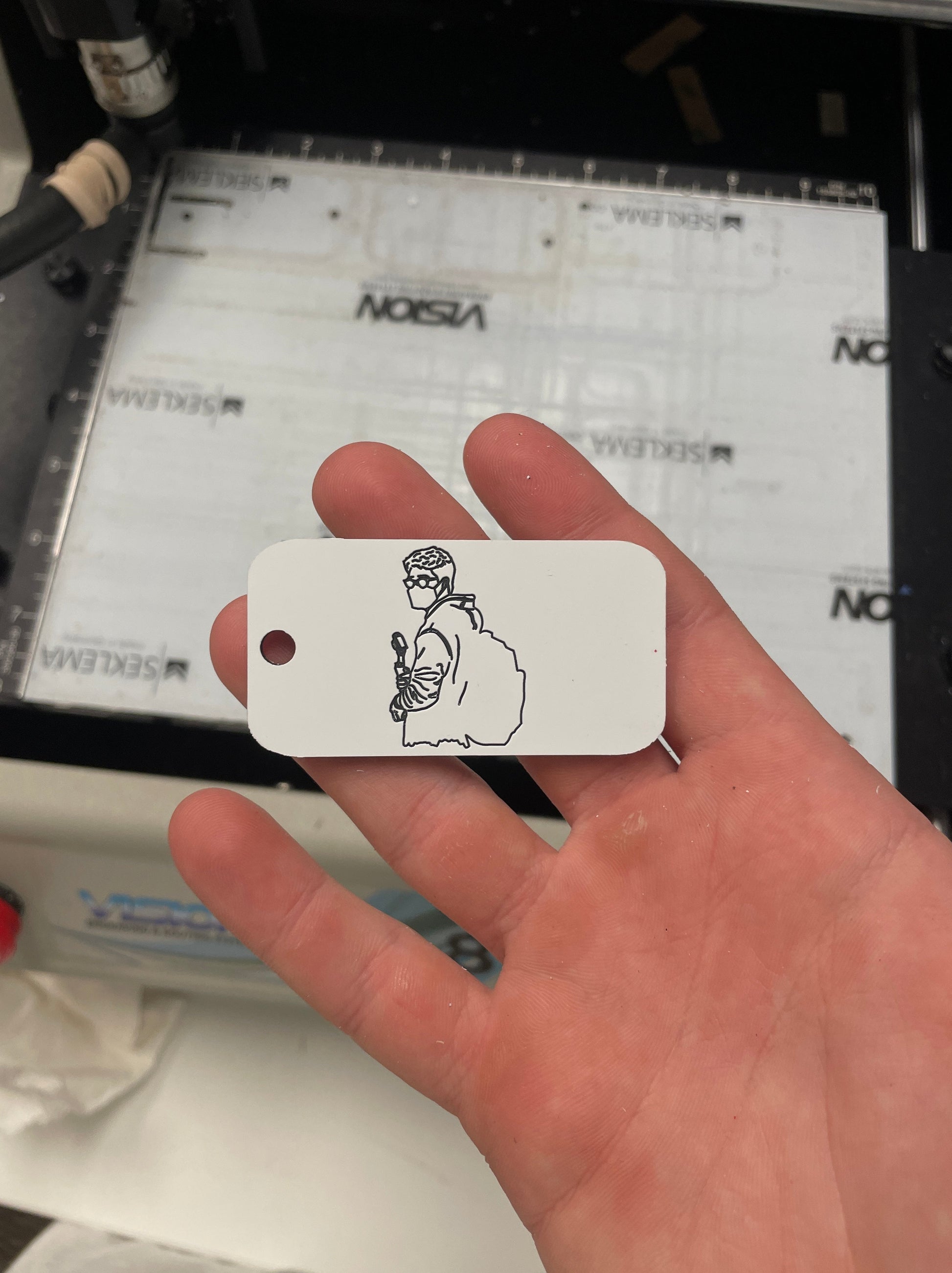 white custom key tag with custom profile picture