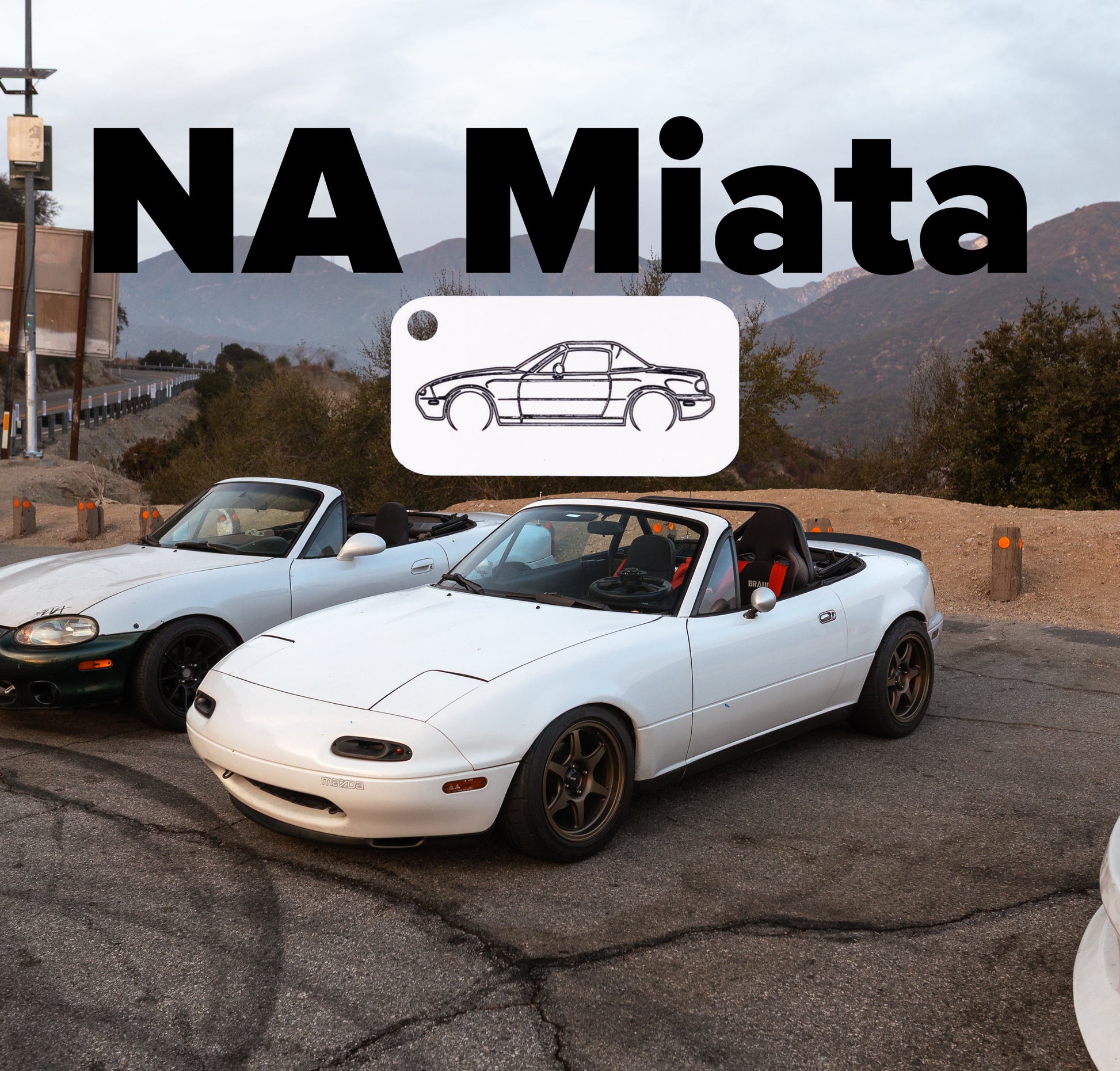 NA Miata Acrylic Keychain in white with Miata in background.