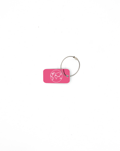 pink on white bag tag with wire loop
