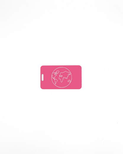 Globe Design acrylic luggage tag in pink.
