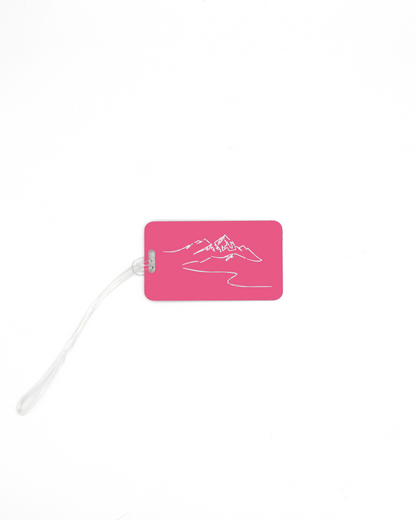 Mountain design acrylic luggage tag with worm loop in pink.