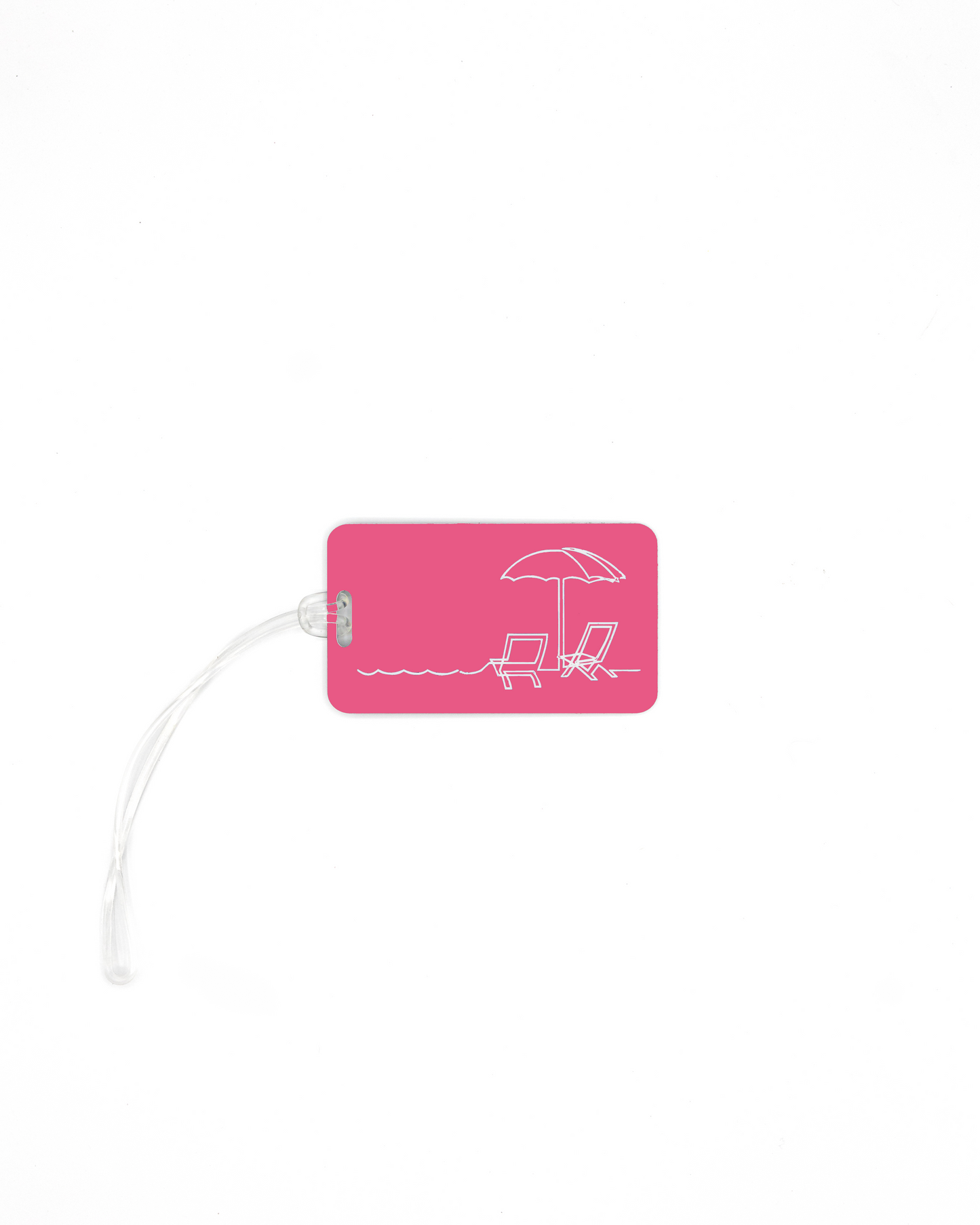 Beach design acrylic luggage tag with worm loop in pink.