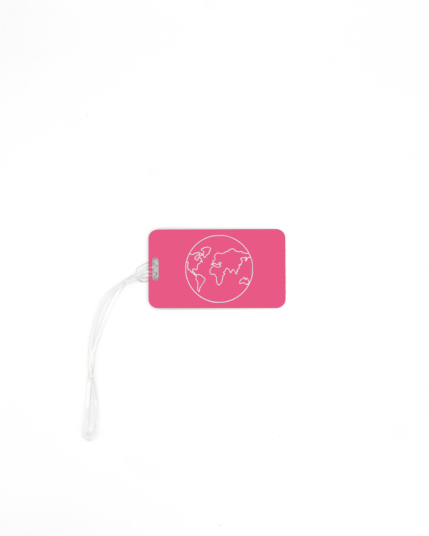 Globe design acrylic luggage tag in pink with worm loop.