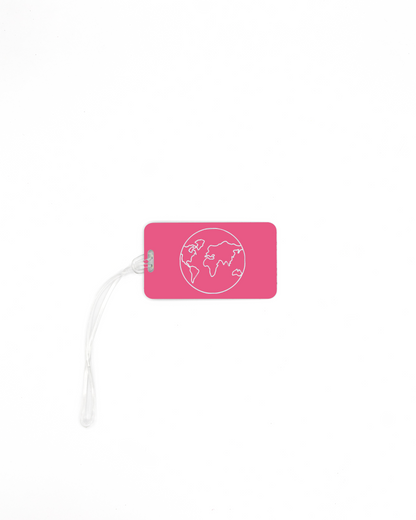 Globe design acrylic luggage tag in pink with worm loop.