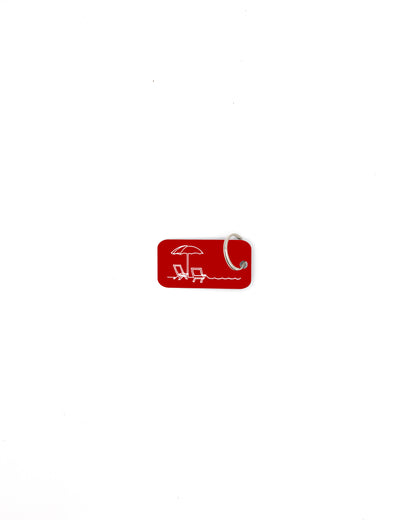 Beach Chair design acrylic keychain in red with classic key ring.