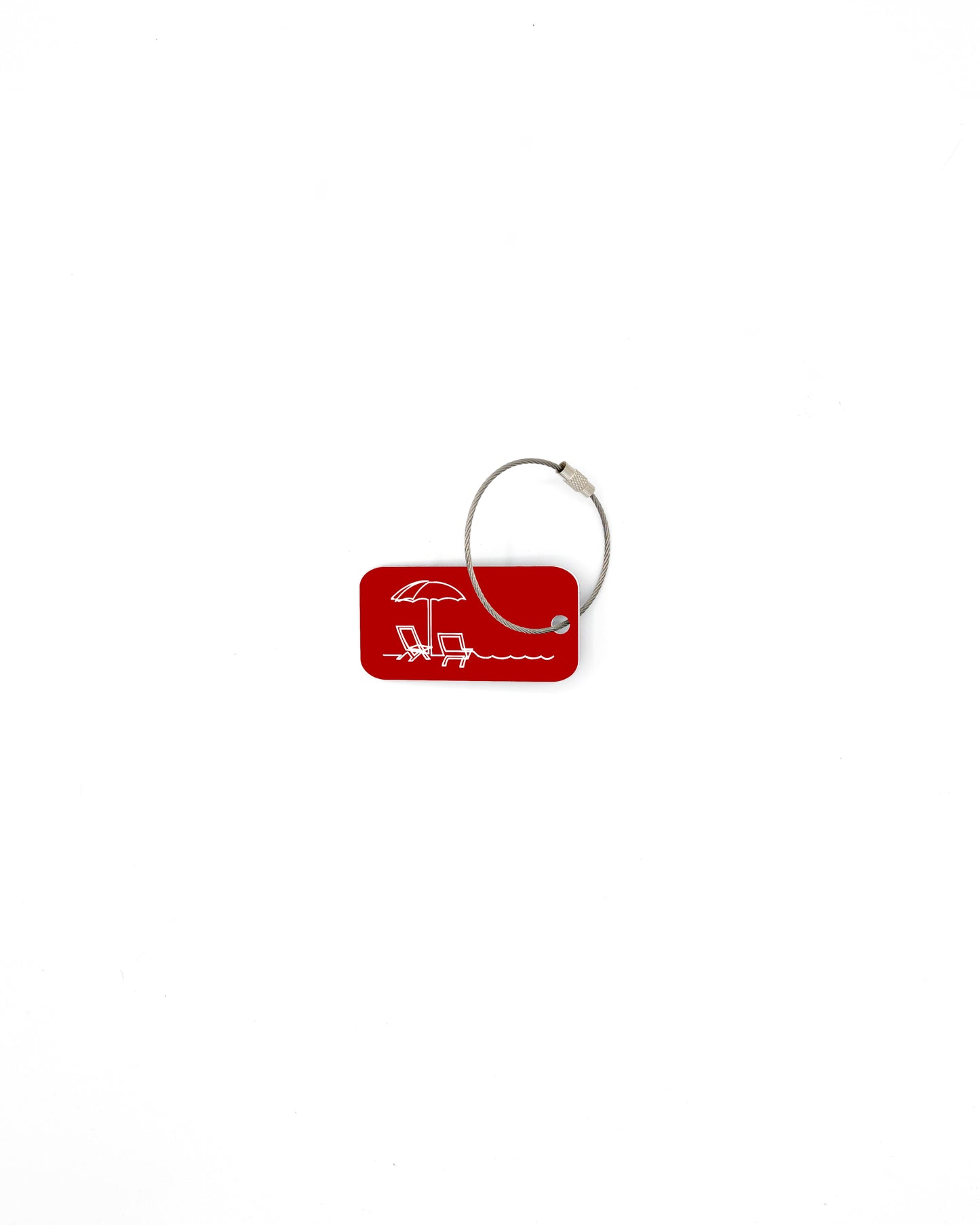 Beach Chair design acrylic keychain in red with wire loop.